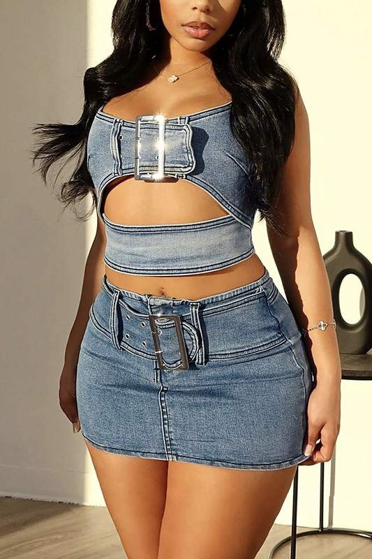 DENIM CROP TOP AND SKIRT SET