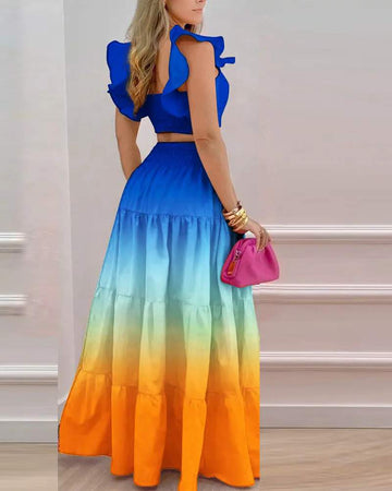 OMBRE SHIRRED CROP TOP SKIRT SET