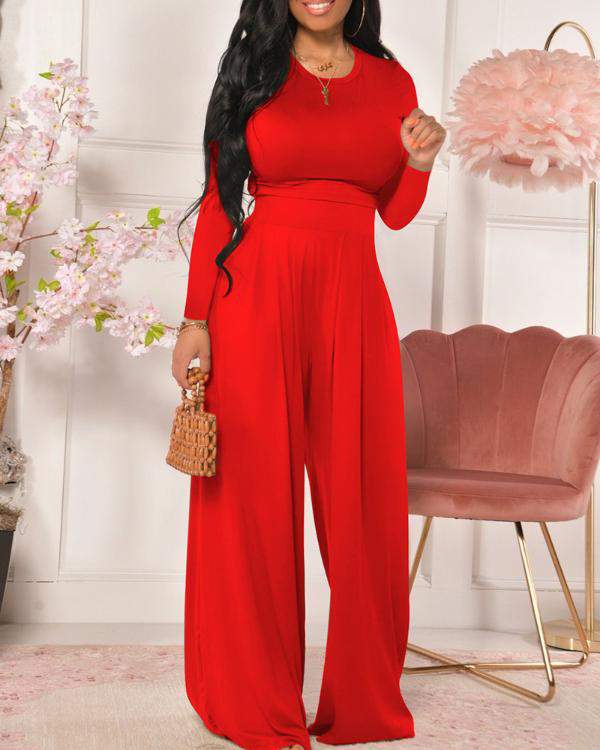 O Neck Long Sleeve Top Wide Leg Pants Set