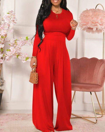 O Neck Long Sleeve Top Wide Leg Pants Set
