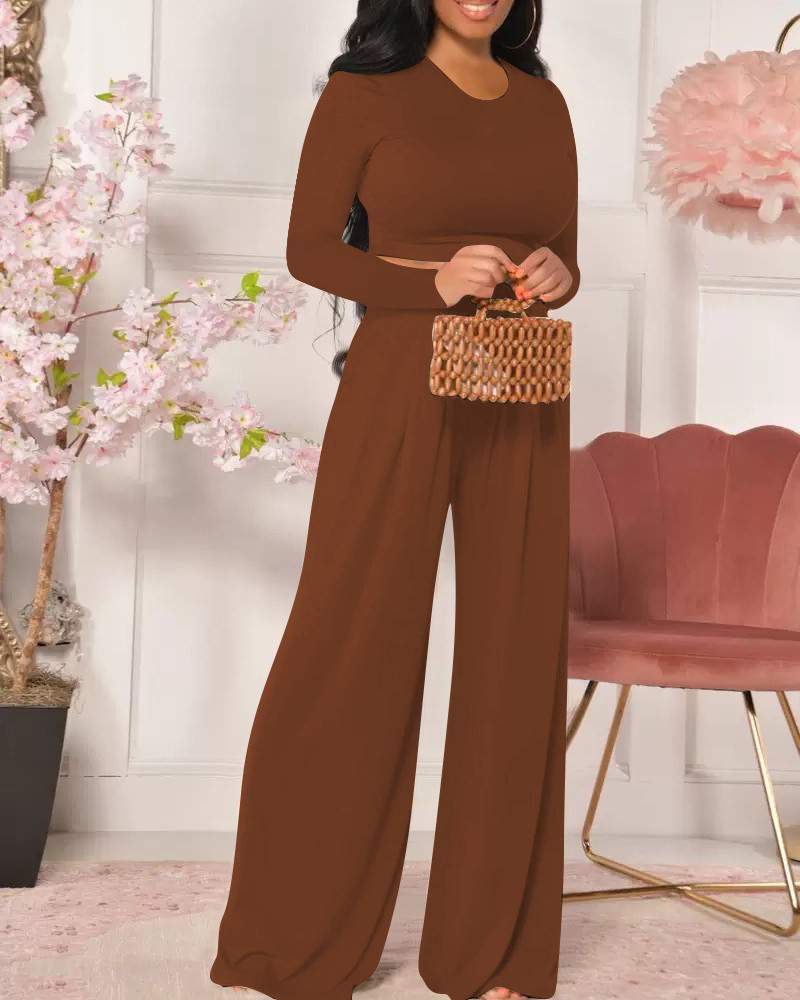 O Neck Long Sleeve Top Wide Leg Pants Set