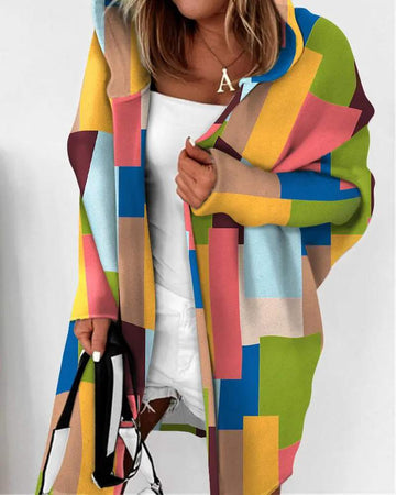 COLORBLOCK GEO PRINT LONG SLEEVE HOODED COAT