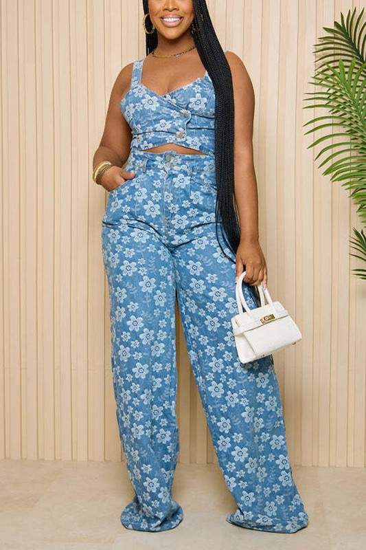 FLORAL DENIM PANTS SET