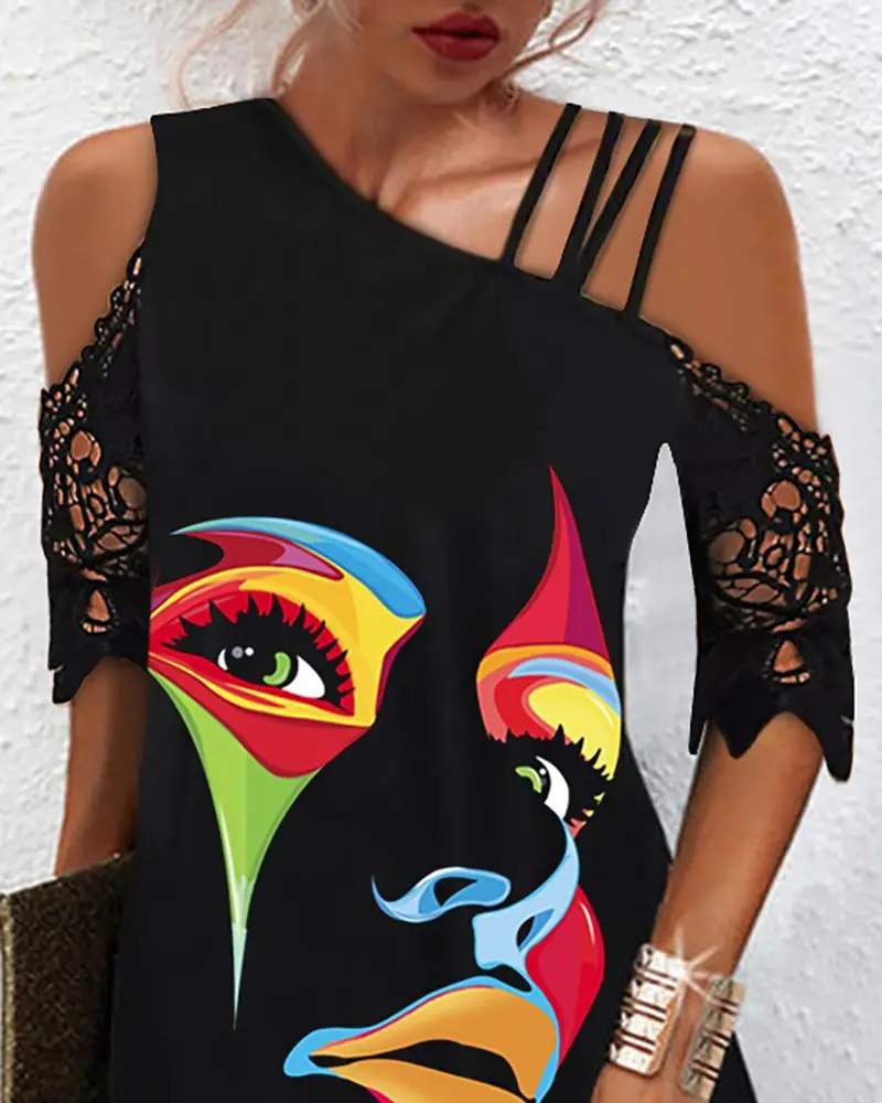 CONTRAST LACE FIGURE PRINT CASUAL DRESS