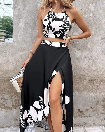 PLANTS PRINT HALTER TOP PLEATED SKIRT SET
