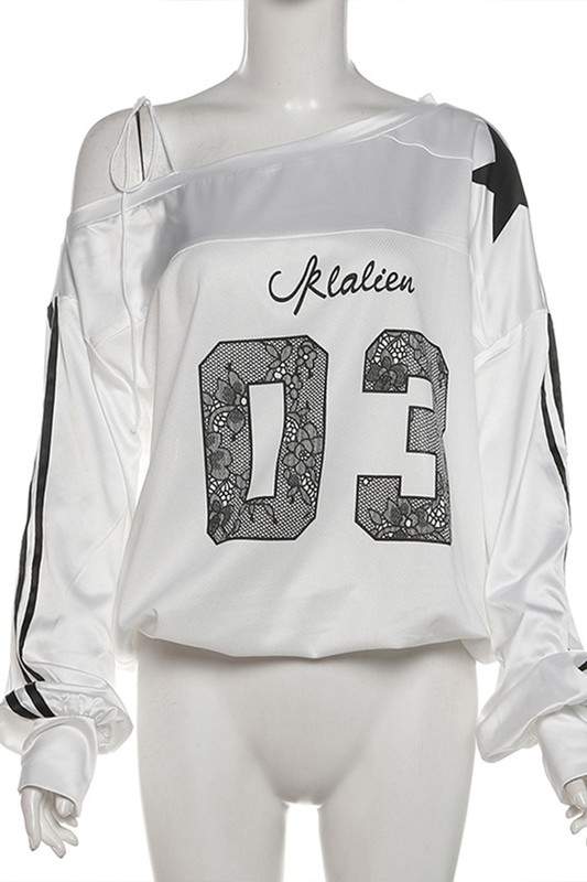 STAR ATHLETE OFF SHOULDER SWEATSHIRT