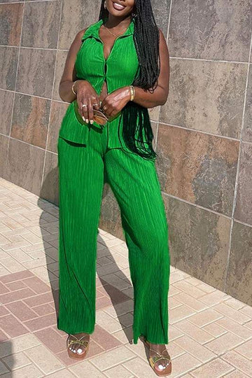 PLEATS SLEEVELESS SHIRT AND PANTS SET