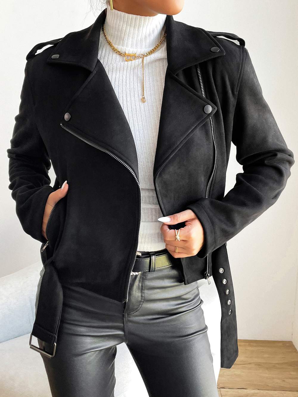 ZIP UP BELTED PU LEATHER MOTO JACKET