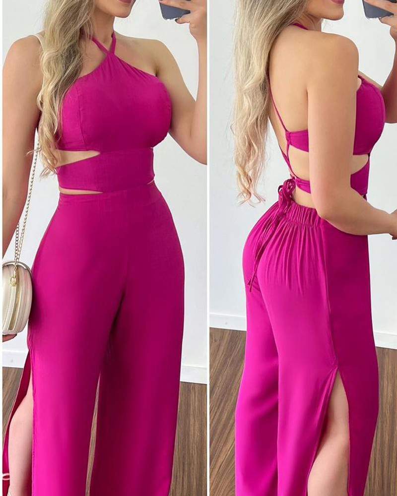 HALTER CUTOUT TIE BACK SPLIT HEM JUMPSUIT