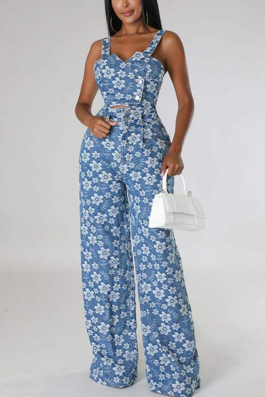 FLORAL DENIM PANTS SET