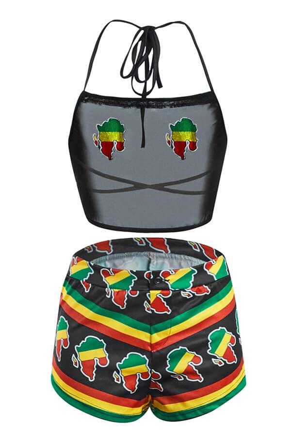 SXY PRINT BLACK TWO PIECE SHORTS SET