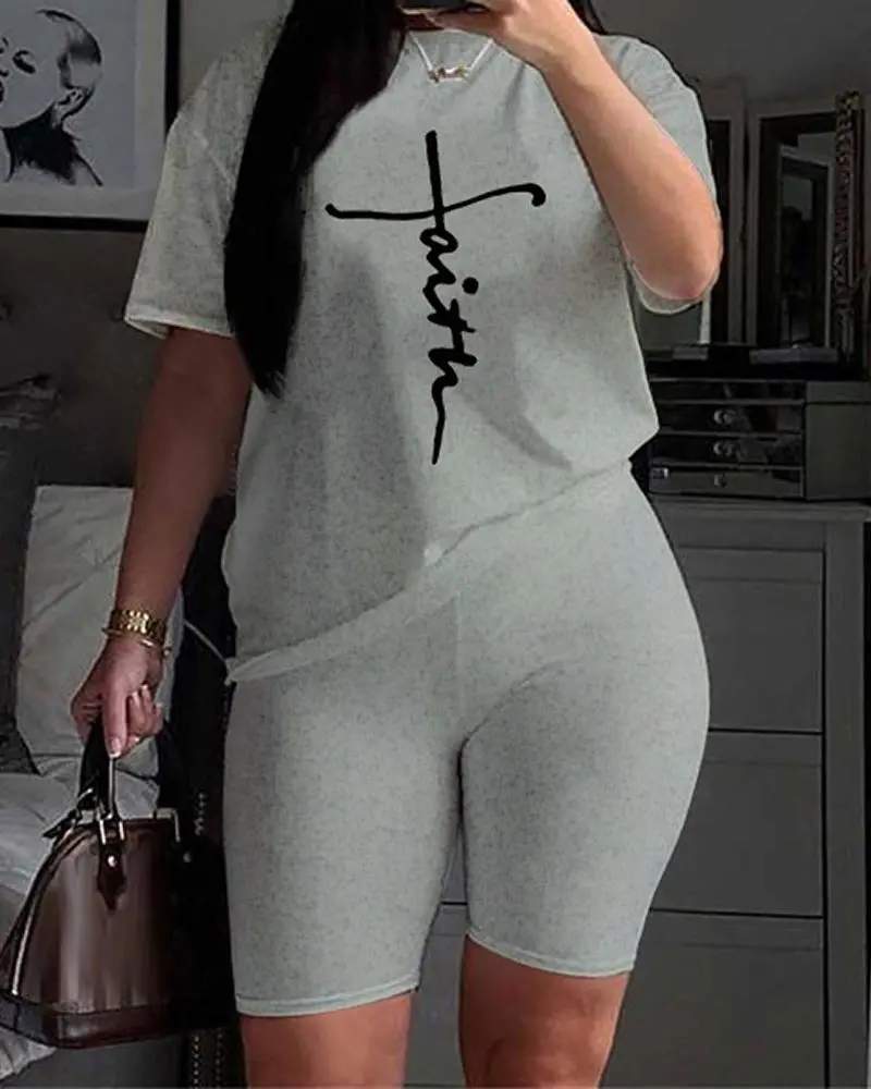 LETTER PRINT T SHIRT HIGH WAIST SHORTS SET