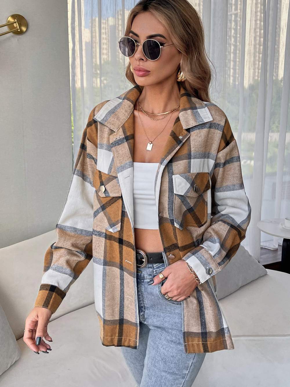 PLAID PRINT DROP SHOULDER COAT