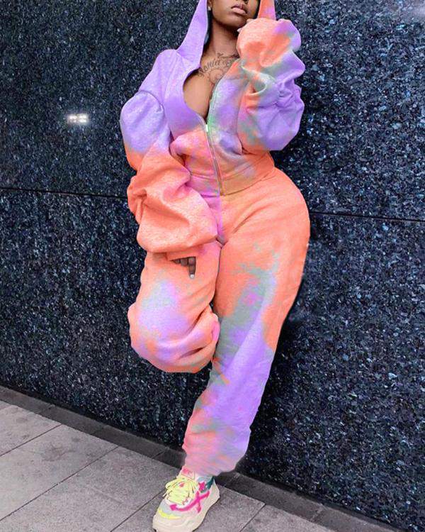 Tie Dye Drop Shoulder Zip Up Hoodie Pants Set