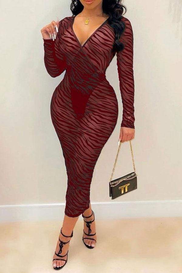 ROSYSHE ZEBRA PRINT V NECK PARTY SEE THROUGH MIDI DRESS