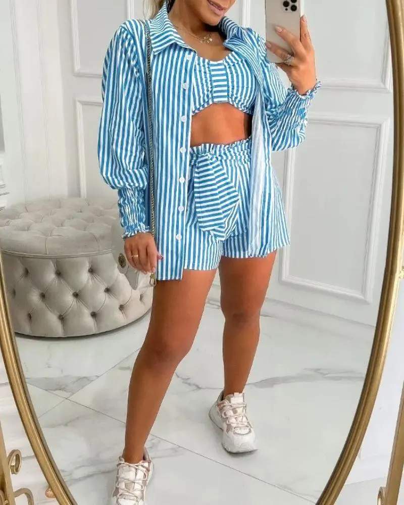 STRIPED CROP TOP TIED DETAIL SHORTS SET WITH FRILL HEM GIGOT SLEEVE COAT
