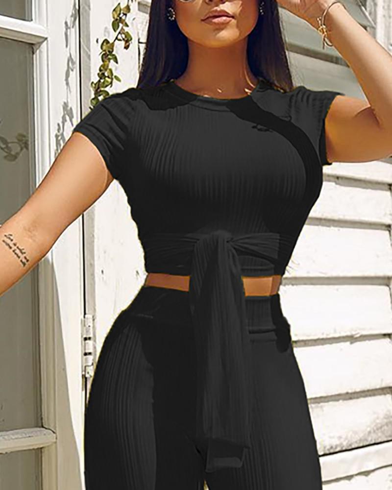 Knot Front Crop Top Wide Leg Pants Set