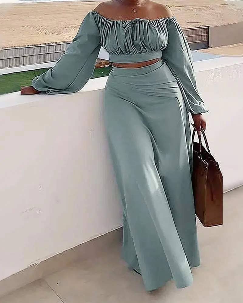 RUCHED LANTERN SLEEVE TOP SLIT SKIRT SET