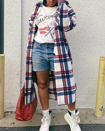 Casual Plaid Long Sleeve Long Coat