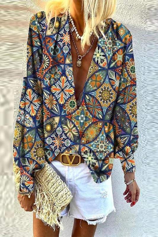 CASUAL BOHO PRINT LONG SLEEVE TOP