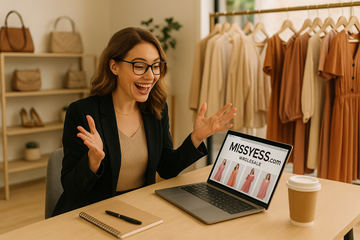 very happy us based women's boutique store owner placing her order with MISSYESS.com a women's fashion wholesaler, looking at her computer being happy because she can make money off us and our good prices ideally a woman owner/store owner